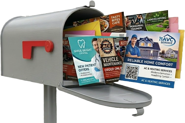 Sample direct mail postcards in a mailbox